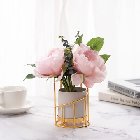 White And Gold Ceramic Pen Holder With Metal Frame For Desk Aesthetic used as flower vase on marble desk setup