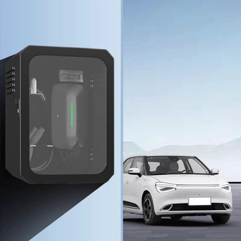 Tough As Nails Wall Mount Ev Charger Enclosure With Mechanical Lock And Translucent Tempered Glass Panel Crafted From Cold Rolled Steel For Heavy Duty Drainage And Quick Heat Release In Large Size, displayed with an electric vehicle.