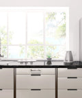 Installed 10 Pack 5 Inch Brushed Nickel Cabinet Pulls on modern kitchen drawers and cabinets with scenic window view.