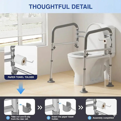 Solid Heavy Duty Toilet Safety Rails For Seniors Adjustable Height And Width 350 Pounds Rust Resistant Aluminum Bathroom Support Frame with paper towel holder installation steps.