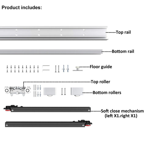 Concealed Wall-Mount Sliding Barn Door Hardware With Soft Close Trackless No Floor Track System components included