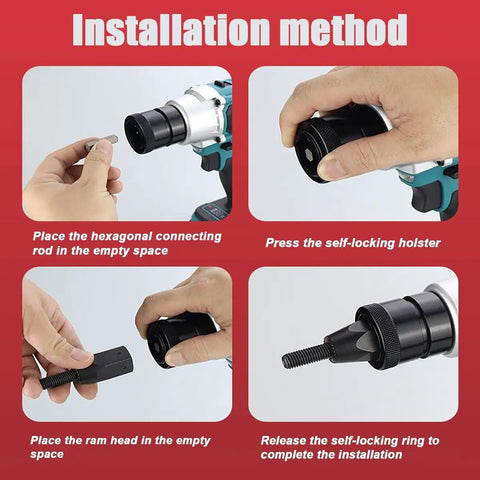 Installation process for Heavy Duty Cordless Rivet Nut Gun With Lightning Fast Automatic Pulling Action And Slick Handheld Build For Solid Steel Iron Aluminum Using M3 Through M12 Thread Sizes Ready To Work Any Job Site With Twin 26V Packs.