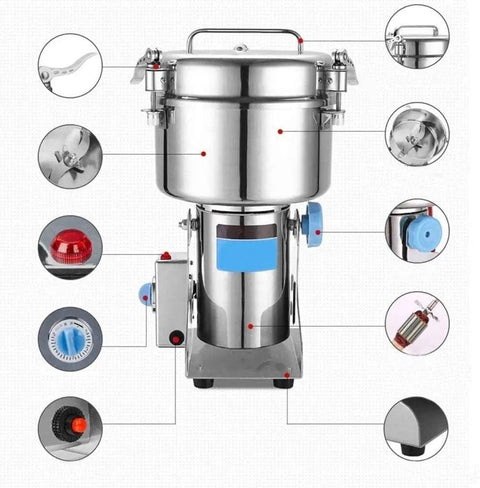Industrial Grade Electric Grain And Spice Grinder Pro Grade Stainless Steel with component details and controls.