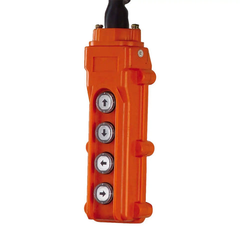 Built Tough 24 Volt Four Button Control Pendant With Ten Foot Heavy Duty Cord, featuring four push buttons in orange housing.