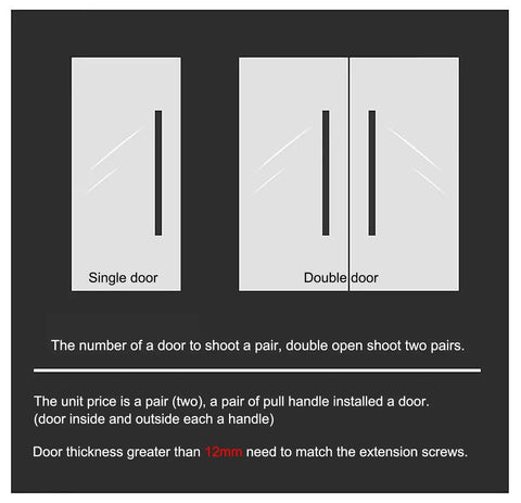 Diagram showing installation of Red Antique Brass Door Pull Handle Set on single and double doors, 80x50cm size.