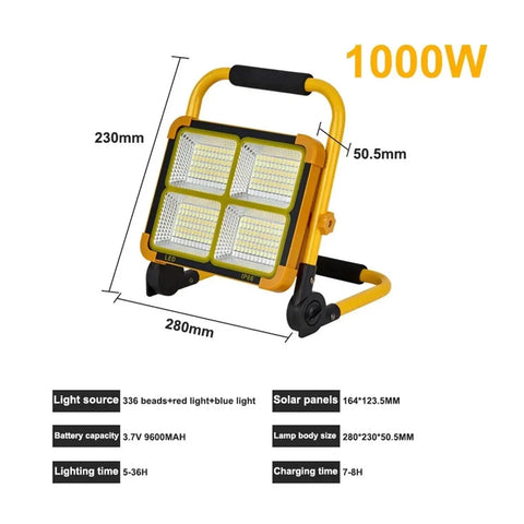 JUDYSSY 1000W Solar Flood Light Portable Led Reflector Spotlight dimensions with specifications for outdoor use.