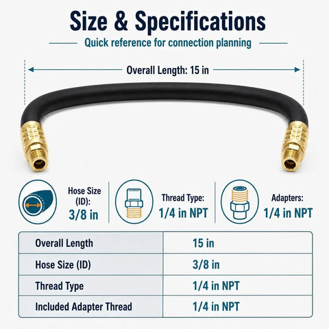 Size and specifications of High Performance Flexible Air Compressor Whip Hose Kit With Tough Rubber Coiled Lines and Pro Garage Swivel Connectors.