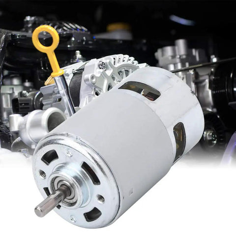 775 DC Motor High Torque High Speed With Double Ball Bearings Runs Like Butter At 12V Or 24V Delivers 20K Rpm metal housing close-up.