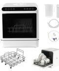 Portable Countertop Dishwasher High Temp Wash And Air Dry Dual Spray Arm with accessories and loaded dishes in compact design.