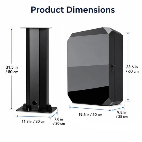 Foolproof Outdoor EV Charger Enclosure With Lock Tough Durable Steel Shell dimensions showing height and width measurements.
