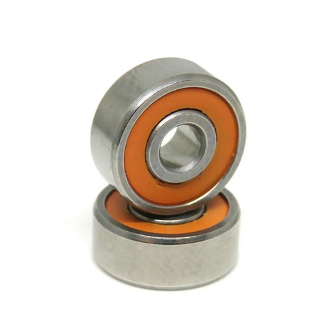 Kickass S623C Hybrid Ceramic Ball Bearings 3X10X4MM showcasing two stainless steel mini bearings with orange seals.
