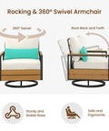 Three Piece Outdoor Bistro Set With 360 Swivel Rocking Chair And Two Tier Solid Acacia Wood Sliding Coffee Table White Six Inch Cushions For Backyard Or Poolside Vibes showing 360 swivel chair features.
