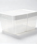 Heavy Duty Clear Plastic Storage Bins With Secure Snap On Lids Super Solid Twelve Quart Capacity Sweet Four Pack stacked side view.