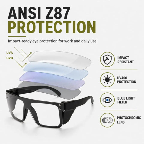 Kickass Ansi Z87 Safety Glasses Featuring Hella Smooth Photochromic Anti Blue Light Lenses With Solid UV400 Protection Lightweight Polycarbonate Frame In Matte Black with interchangeable lenses.