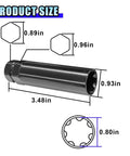 Product size diagram of Heavy Duty Seven Point Spline Tuner Socket Wrench for Dead Grip Lug Nut Removal with dimensions.