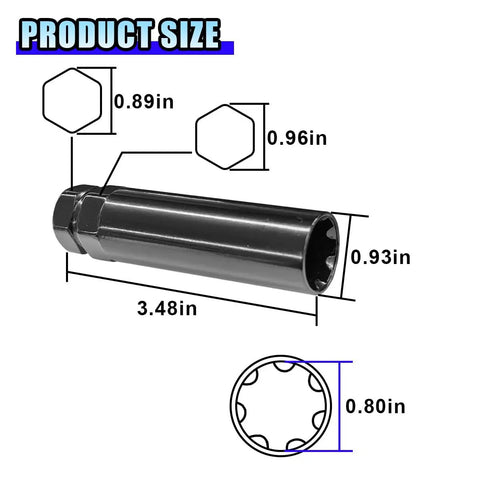 Product size diagram of Heavy Duty Seven Point Spline Tuner Socket Wrench for Dead Grip Lug Nut Removal with dimensions.