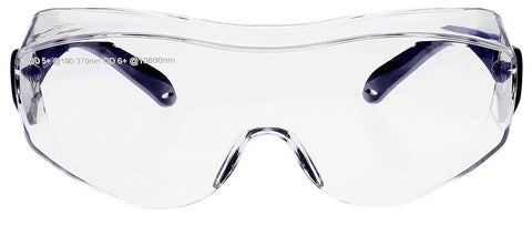Heavy Duty Over The Glasses Laser Safety Glasses For CO2 And Eximer Machines With Ansi Certified Optics, front view showing clear lenses and blue temples.