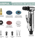 Tough 90 Degree Angle Air Die Grinder With High Torque Motor And Slip Resistant Grip, includes sanding discs and collets.