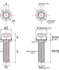 Badass Grade 5 Titanium Stem Bolts With Integrated Washers M5X18MM Black Hex Socket Hardware dimensions illustration
