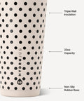 Polka Dot Tumbler Cup 20 Oz French Vanilla Vibes with triple wall insulation and non-slip rubber base.