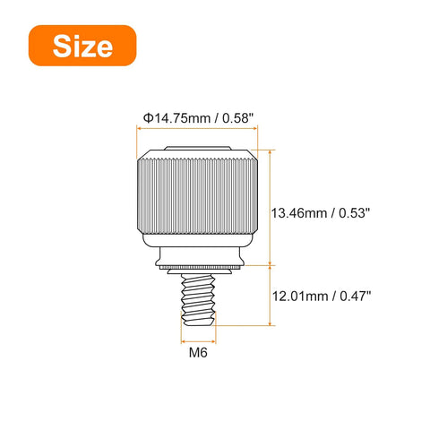 Diagram of M6 knurled thumbscrew dimensions, 14.75mm diameter, 12mm length, black stainless steel for PC hardware.
