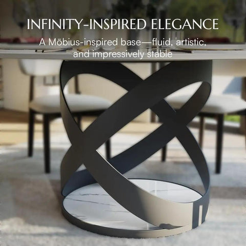 Modern 51 Inch Round Dining Table Slick Glossy White Sintered Stone Top Built Tough Black X Carbon Steel Base legs.