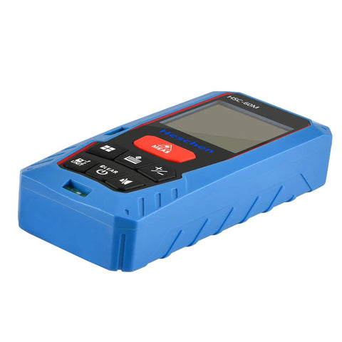 Boss Laser Distance Meter Measures 60m For Fast Jobs Without Stress. Blue handheld device with buttons and LCD screen.