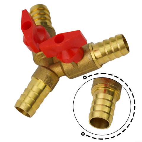 Boss Level Solid Brass 3-Way Ball Valve With 12mm Fitment For Water Air Flow Throttle Plumbing Pneumatic System with red handles.