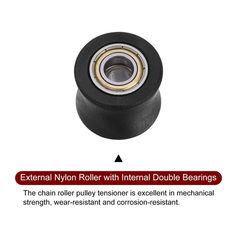 Beefy 10mm Nylon Chain Roller Pulley Tensioner With Concave Guide Wheel Slider For Mini Motorcycle Dirt Bike And Atv Go Kart In Durable Black Finish, showing internal double bearings.