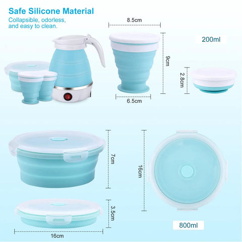 On The Go Portable Electric Kettle 600ml Foldable Tea Coffee Kettle With Collapsible Cup Set BPA Free Food Grade Silicone Blue
