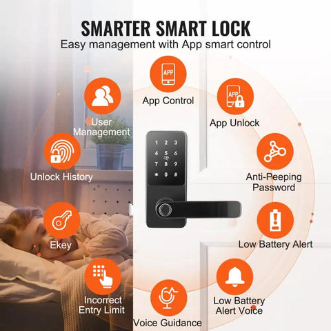 Absolute Game Changer Smart Door Lock Featuring Fingerprint Keypad Bluetooth App Control And Keyless Code Entry, showcasing app features and controls.