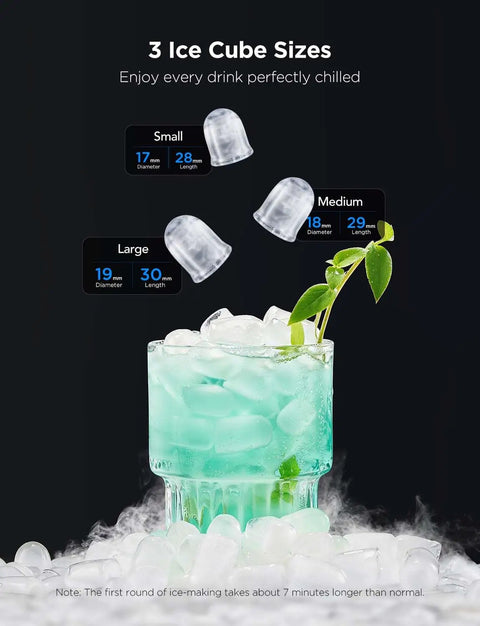 Smart Ice Maker Countertop With Voice Control And WiFi showcasing three ice cube sizes in a chilled beverage.