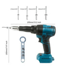 Brushless Cordless Electric Rivet Gun With Two Rechargeable Batteries For Metal Auto Repair And Leather Diy Projects That Handles Tough Jobs Without Breaking A Sweat, showing tool size and included rivets.