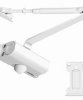 Built Tough Hydraulic Door Closer With Silent Action And Adjustable Speed For Residential Or Light Commercial Entry Doors Supporting 55 to 99 Pounds Crisp White Finish And Zero Fuss Mounting Template Pack side view with installation bracket.