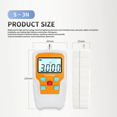Tough As Nails Digital Force Gauge And Push Pull Dynamometer Featuring Knockout Precision Readout size dimensions, LCD display, and control buttons.
