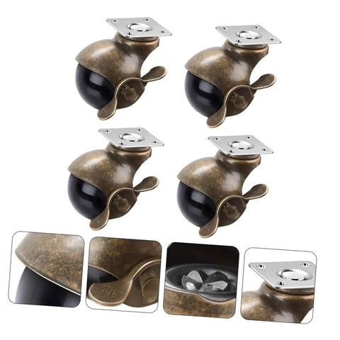 Vintage Brass Furniture Casters 2 Inch With Locking Brake Set Of 4 smooth glide swivel wheels close-up with locking mechanism.