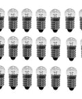 10x E10 Miniature Screw Base Light Bulbs 6V 0.3A Warm Yellow Pilot Lamps arranged in rows, showcasing compact design.