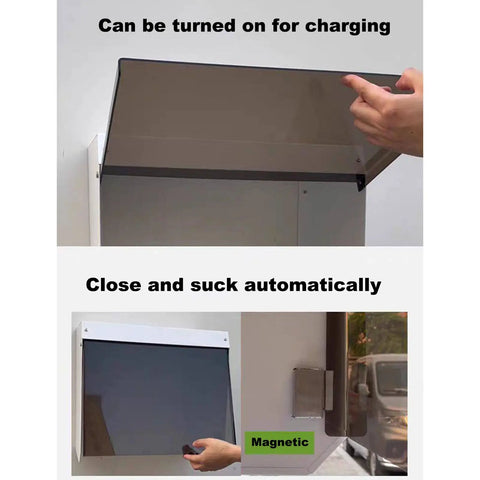 Top Shelf Weatherproof Wall Mount Ev Charger Cover With Reinforced Acrylic Door and Heavy Duty UV Rain Shield showing magnetic closing feature.