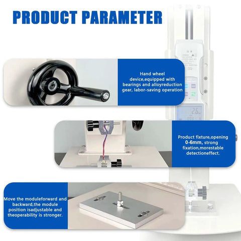 Digital Force Gauge 500 Newton Pull And Compression Tester showing hand wheel, product fixture, and adjustable module features.