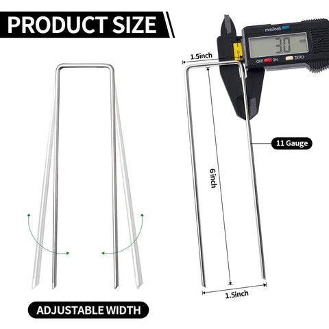 Heavy Duty 6 Inch U-Shaped Landscape Staples Set, 120 Pack, 11 Gauge Galvanized Steel, size comparison with caliper