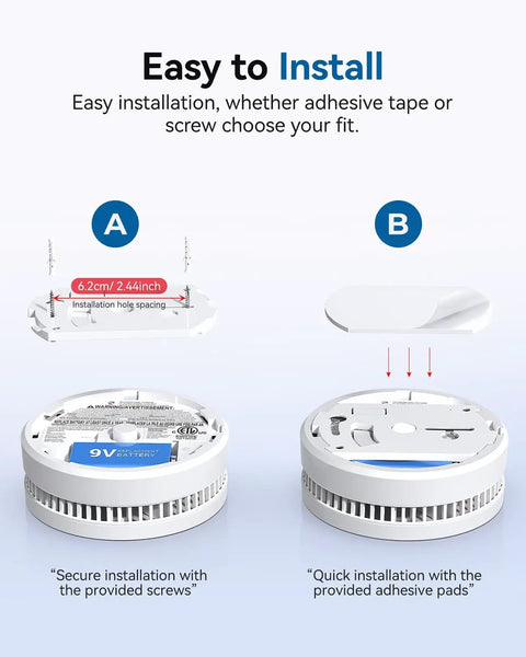 Solid Smoke Detector And Fire Alarm With 9V Battery Operation engineered for complete home coverage installation guide, showing screw and adhesive pad options.
