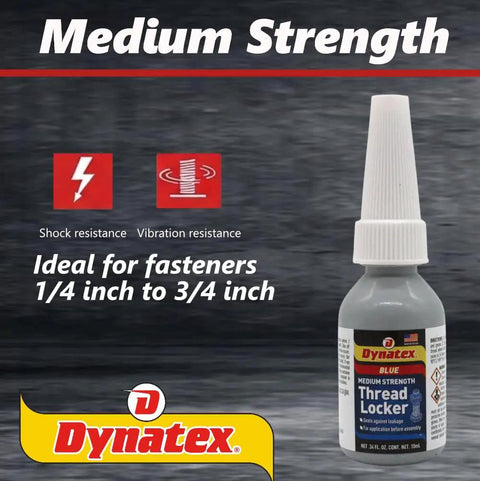 Blue Medium Strength Threadlocker 0.34 Oz Bottle Removable With Hand Tools Locks Metal Fasteners, Resists Vibration And Solvents, Built For Machinery And Auto Applications, Six Pack, displayed with label and brand logo.