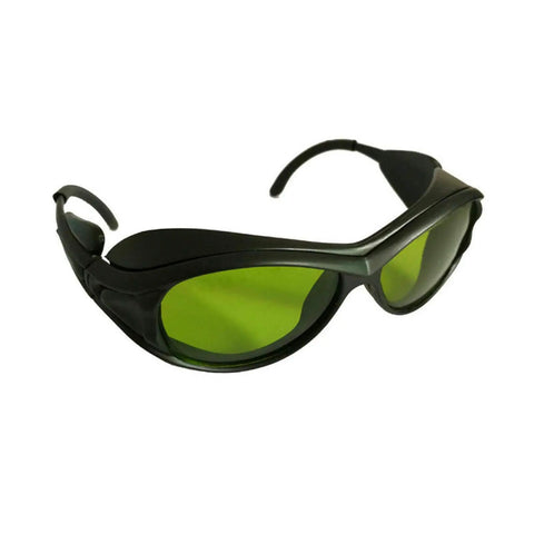 Next Level IPL Laser Protection Glasses And OD5 Plus Safety Goggles With UV400 Shielding in black with green lenses for eye defense.
