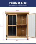 Outdoor Wood And Metal Storage Cabinet With Waterproof Roof dimensions showing open doors and shelves