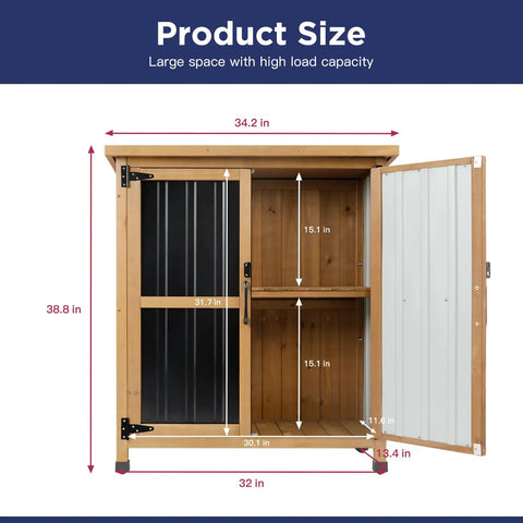 Outdoor Wood And Metal Storage Cabinet With Waterproof Roof dimensions showing open doors and shelves