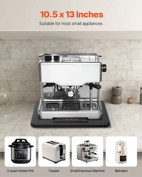 Heavy Duty Kitchen Appliance Slider With Smooth Silent Wheels And Protective Base Lets You Slide Your Coffee Maker Or Small Fridge Around Like Butter For Zero Strain And Maximum Control On Any Countertop Surface In Black 10.5 X 13 inches with small appliances on it.