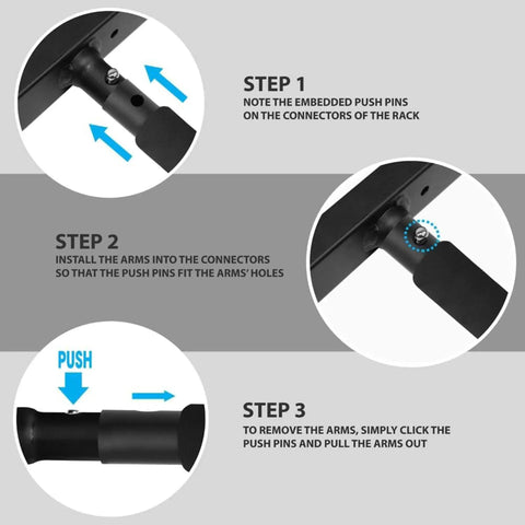 Installation guide image for Badass Heavy Duty Steel Wall Mount Paddle Board Rack And Surfboard Hanger showing steps to attach arms.