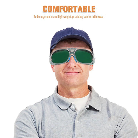 Built Heavy Duty For Real World Shop Use Ergonomic Welding Goggles With Interchangeable Lenses worn by a man in a cap, displaying comfort.