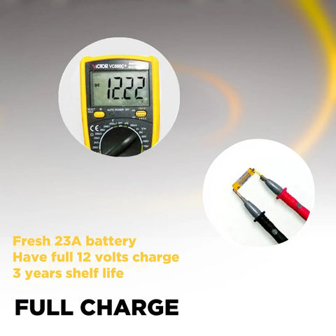 Top Tier A23 23A 12V Alkaline Batteries Five Pack tested with multimeter showing full charge for reliable power.