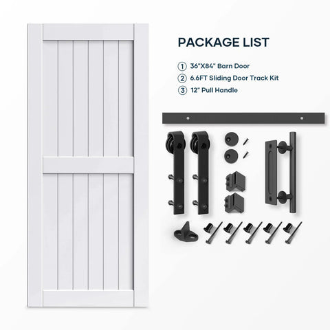 Slick White Barn Door With Solid Wood Core And Waterproof Vinyl Panel Including H Frame Sliding Hardware Kit Plus Handle for 36x84 inch door package.